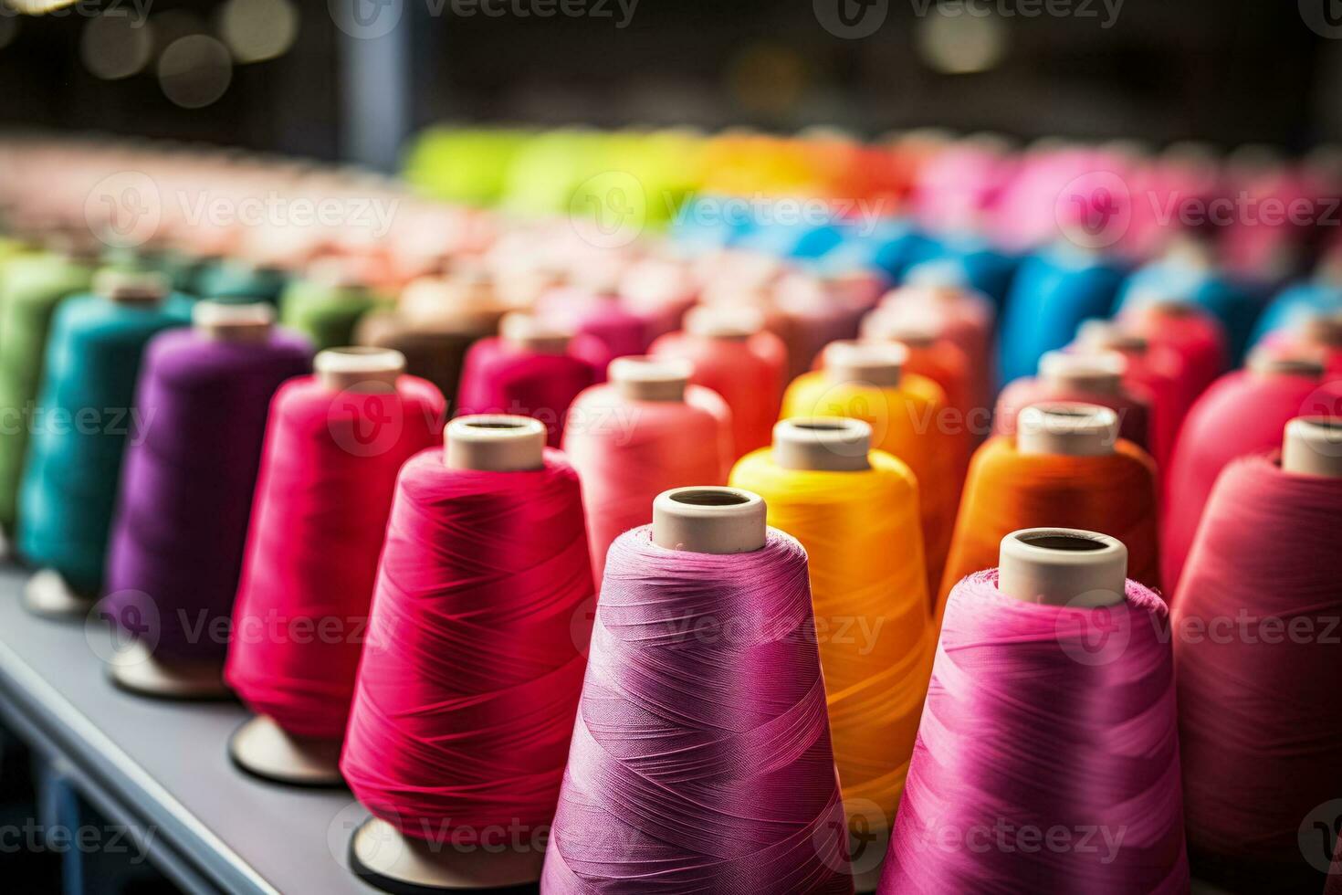 Vivid threads tightly wrapped on reels in a bustling textile factory photo