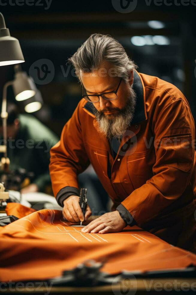 Dedicated craftsmen carefully drafting patterns for garment creation in a factory photo