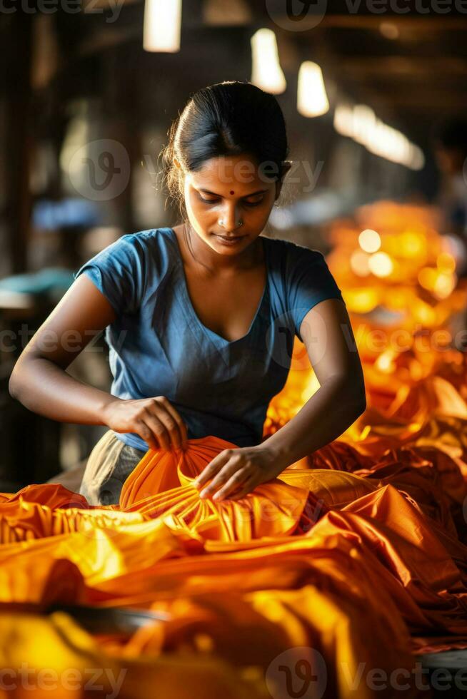 Artisans utilizing industrial dyes for vibrant cloth creations in textile factory photo