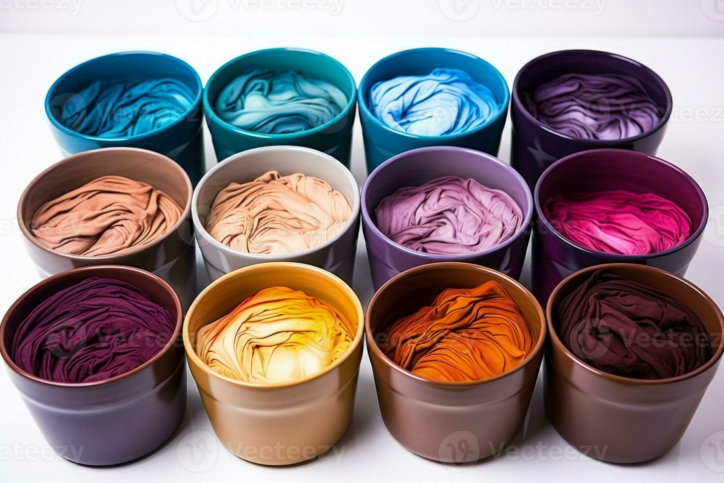 Colorful dyeing vats with fabric samples isolated on a white background photo