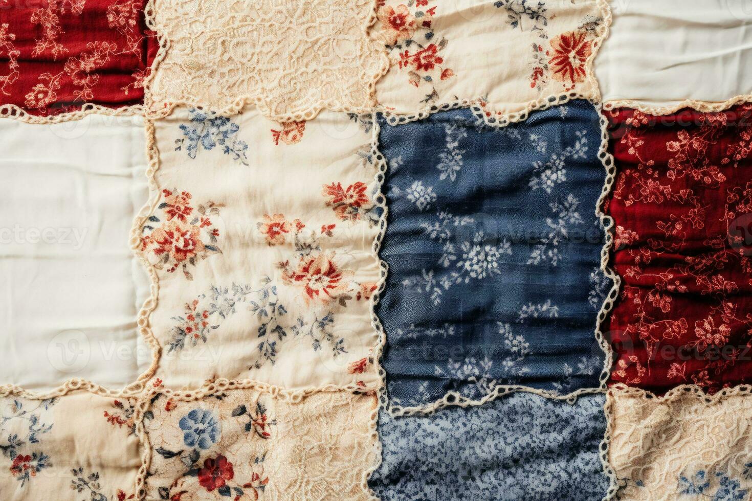Detailed patchwork fabric pattern from a textile factory isolated on a white background photo