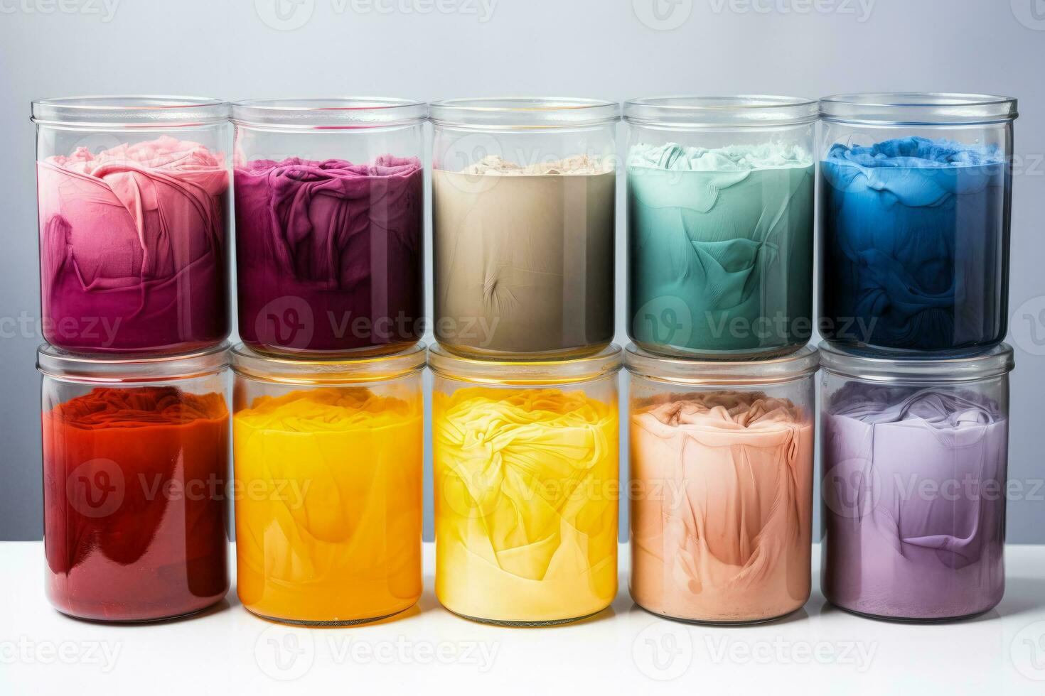 Colorful dyeing vats with fabric samples isolated on a white background photo
