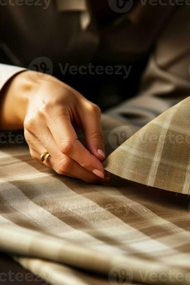 Inspector checking fabric for defects background with empty space for text photo