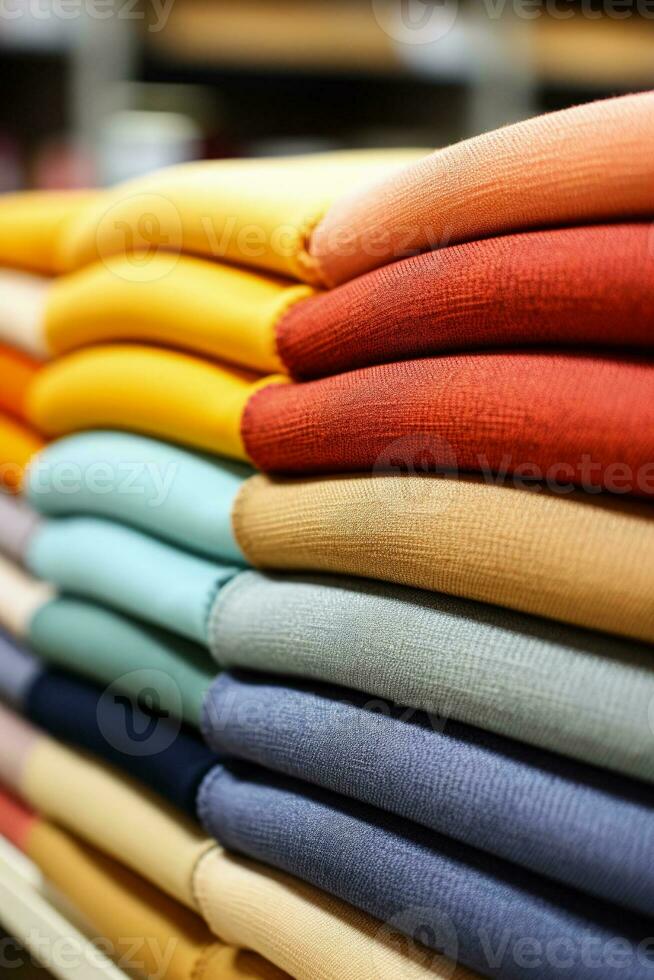 Detailed fabric patterns in a textile factory background with empty space for text photo