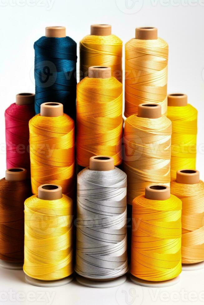 vibrante hilos y carretes desde textil fábrica aislado en un blanco antecedentes foto