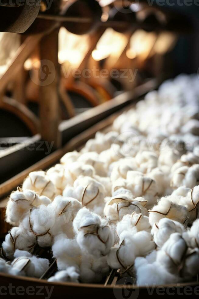 Raw cotton being spun into thread factory background with empty space for text photo