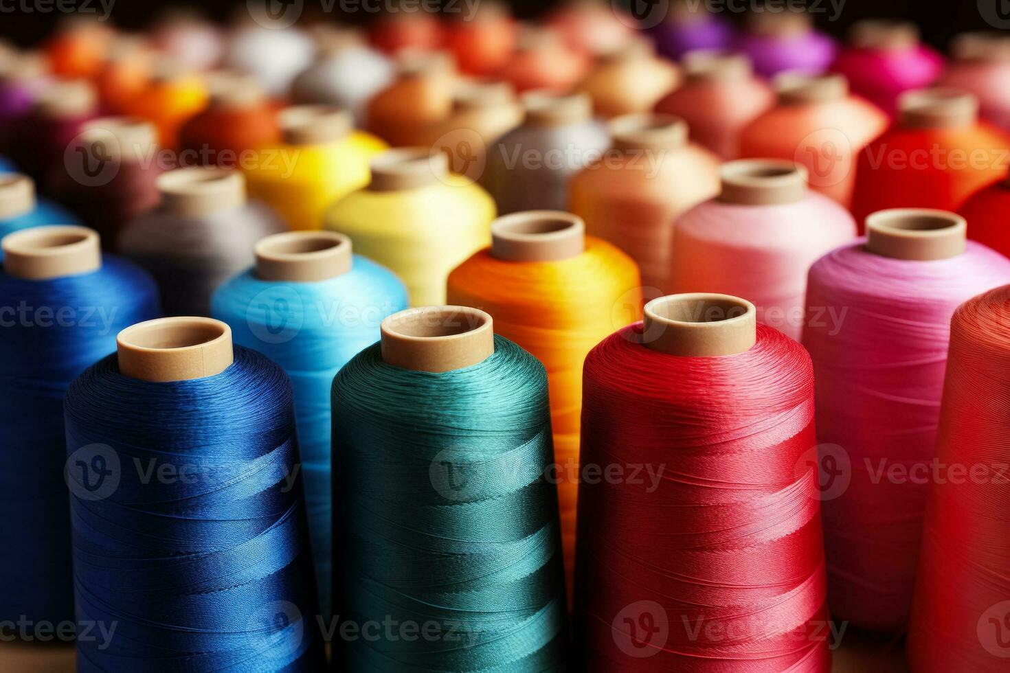 Close up of colorful thread reels in a textile factory isolated on a gradient background photo