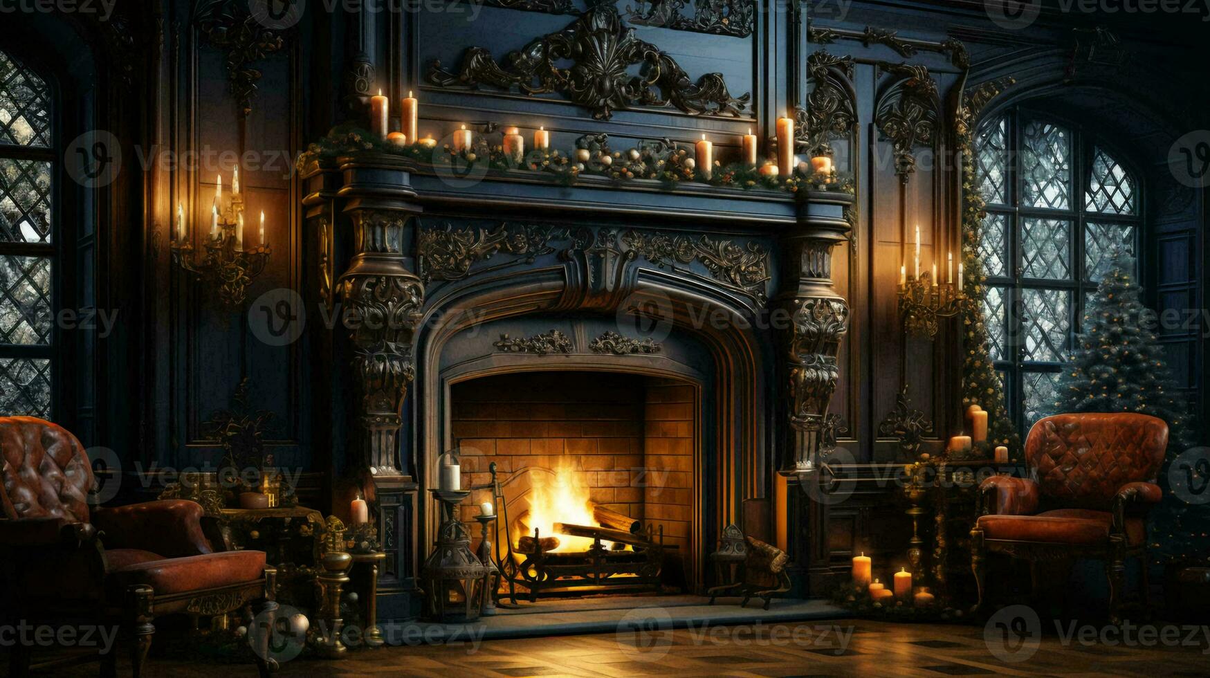 A room with a fireplace decorated with Christmas decorations with a tree and New Year's gifts and toys photo
