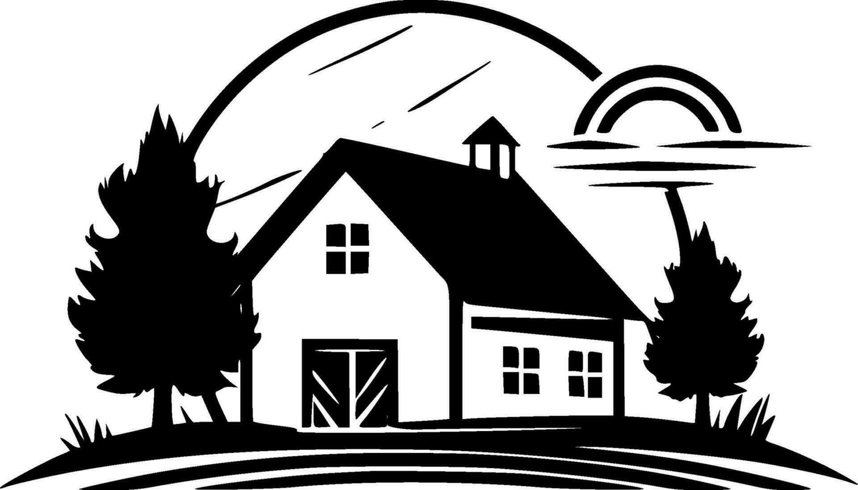 Farmhouse, Black and White Vector illustration