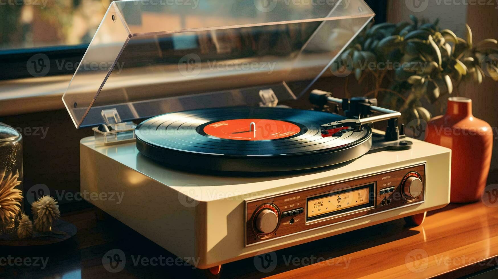 Old stylish vintage retro music vinyl player with records poster photo