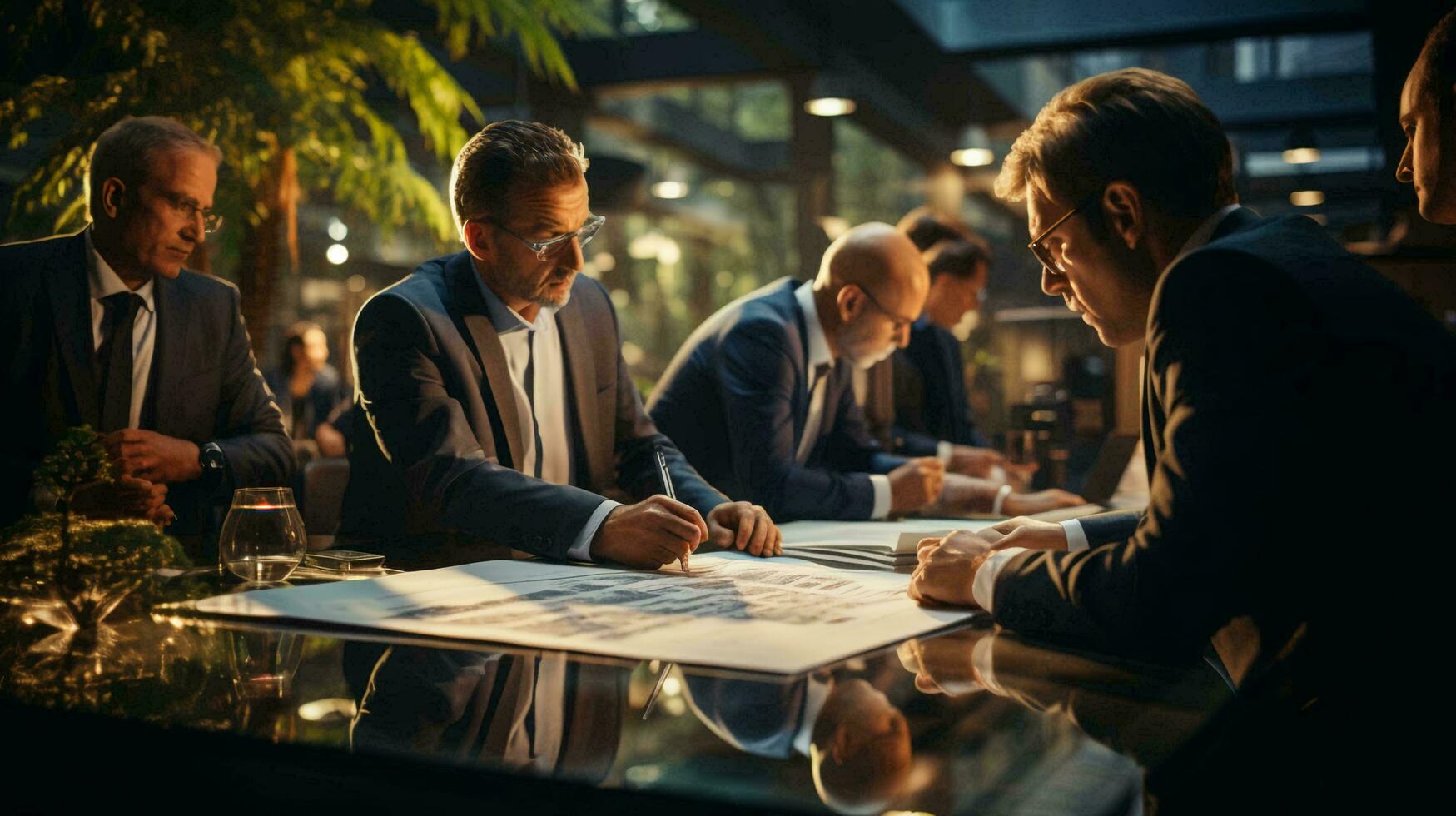 Concept of a business meeting of businessmen to solve important financial issues, people in the office at negotiations photo