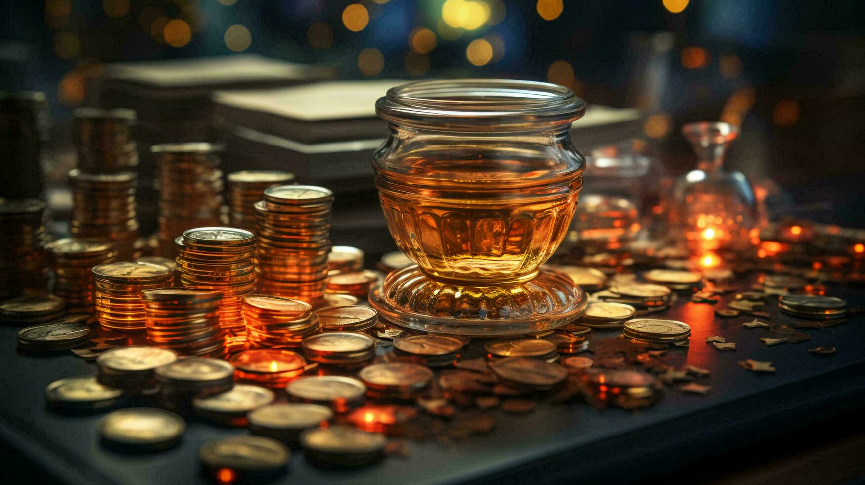 Gold coins money on the table. Business finance and wealth accumulation concept photo