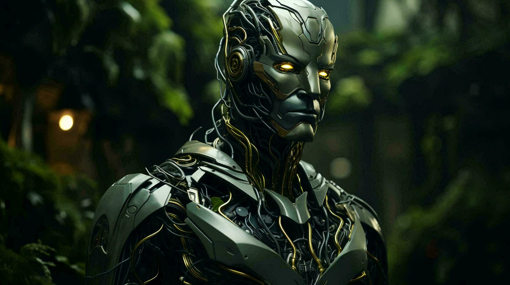 Green eco-friendly high-tech futuristic computer robot in connection with nature. The concept is an environmentally friendly synergy of technology and artificial intelligence with nature photo