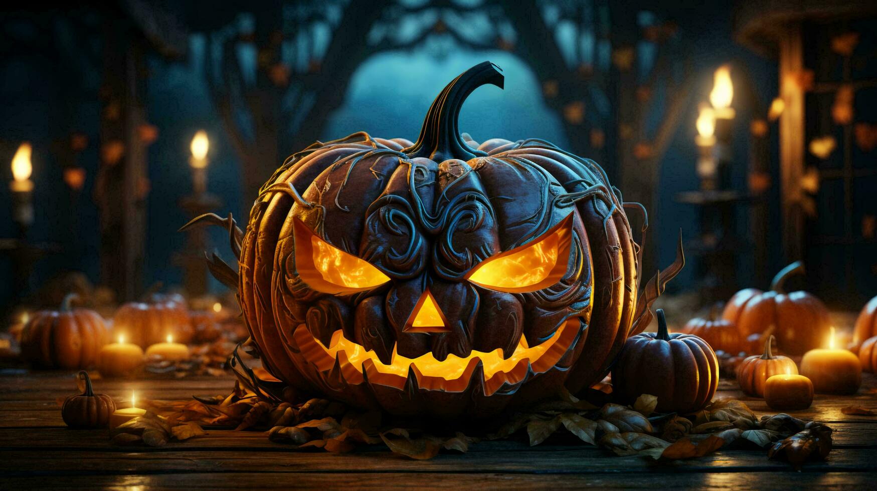 Festive scary creepy pumpkins with carved faces for Halloween. Halloween card concept photo