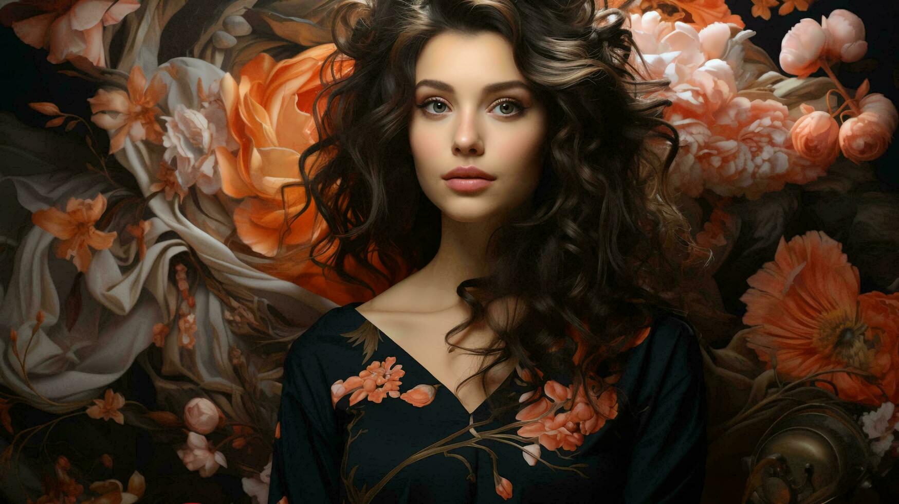 Beautiful young woman on a background of abstract flowers. Close-up of a woman's face photo