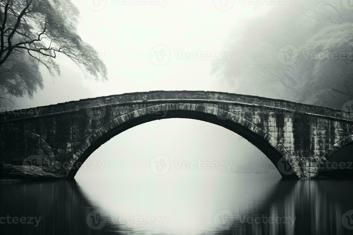 Eerie ancient stone bridge minimalist black and white background with empty space for text photo