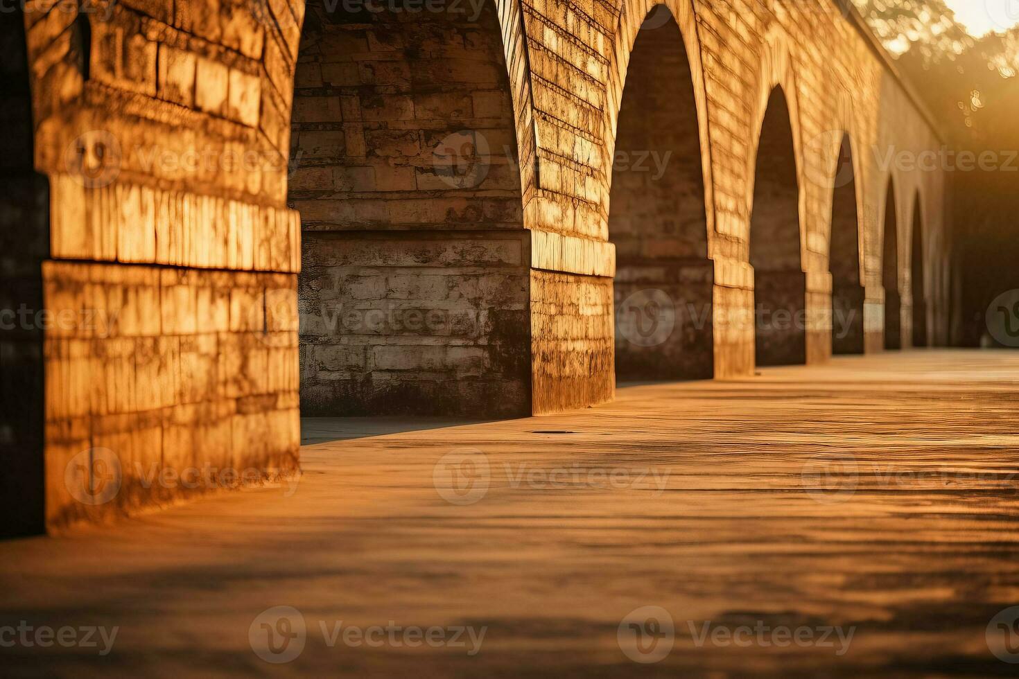 Shadow lines of an old brick bridge at sunrise background with empty space for text photo