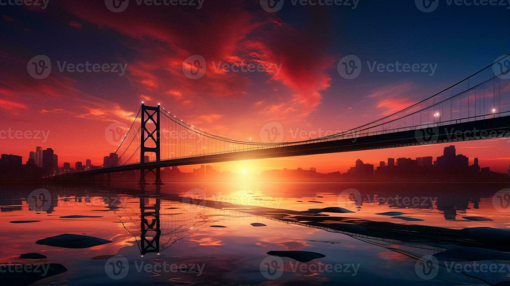 Contemporary suspension bridge at sunset minimalist style background with empty space for text photo