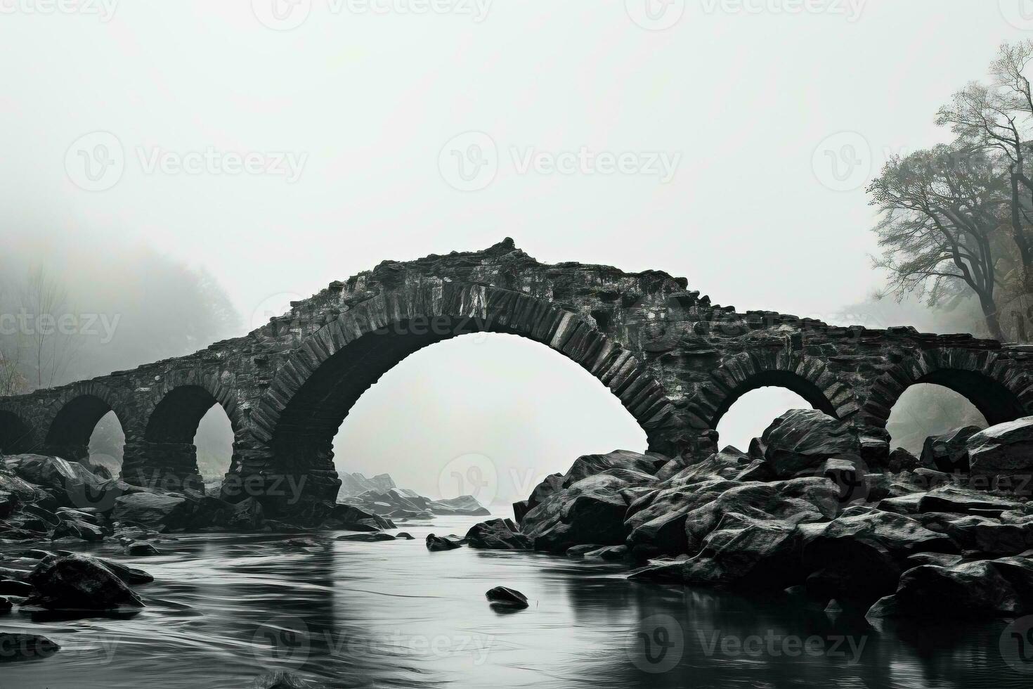 Eerie ancient stone bridge minimalist black and white background with empty space for text photo