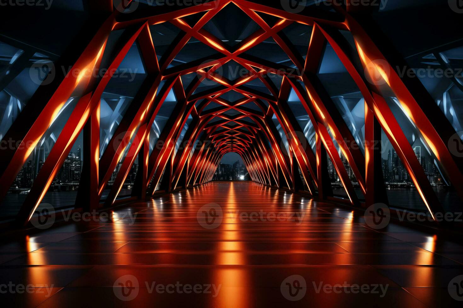 Contrasting lights showcasing geometric patterns in minimalist bridge design photo