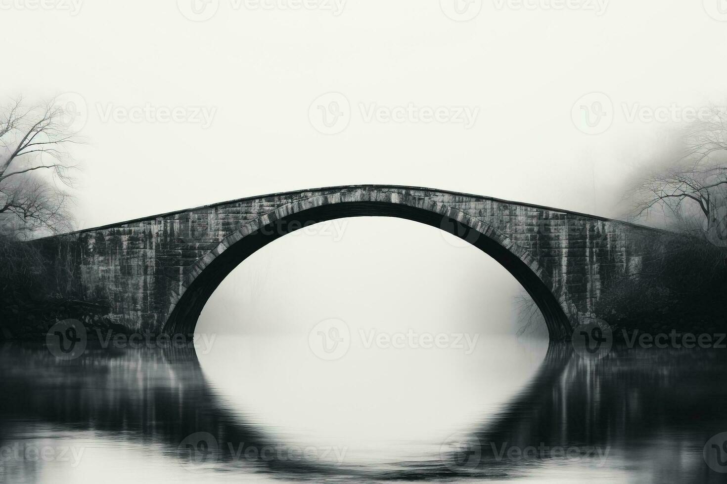 Eerie ancient stone bridge minimalist black and white background with empty space for text photo