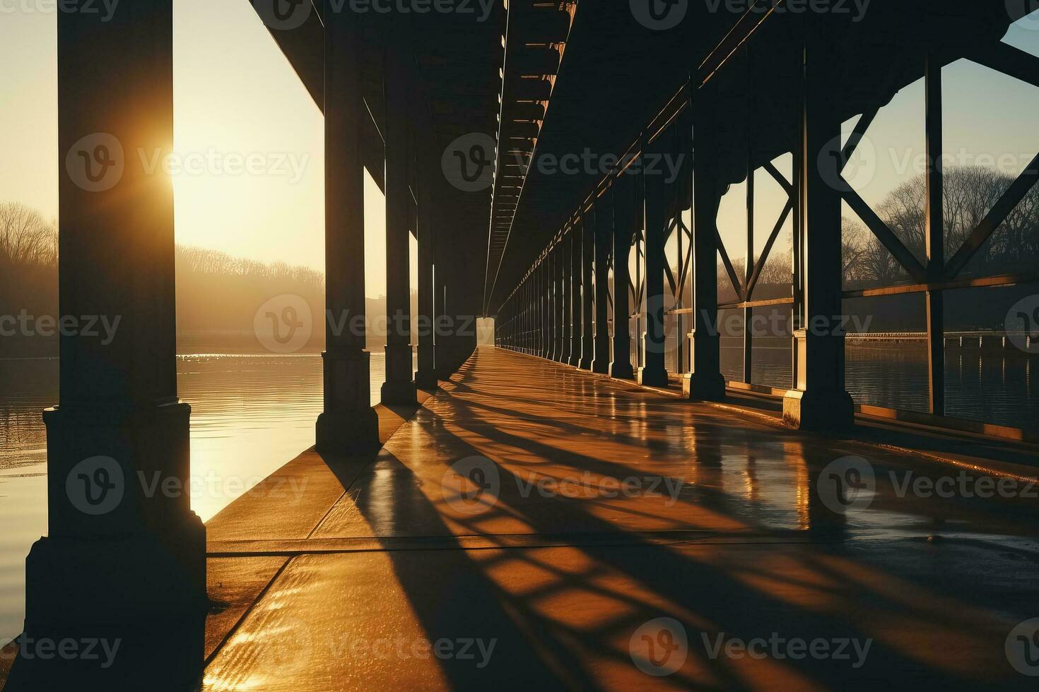 Shadow patterns under a sunrise lit bridge minimalist capture background with empty space for text photo