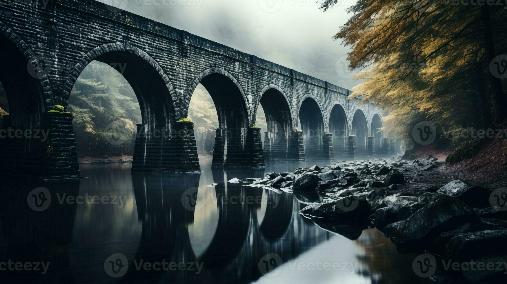 Long exposure shot of an old iron arch bridge background with empty space for text photo