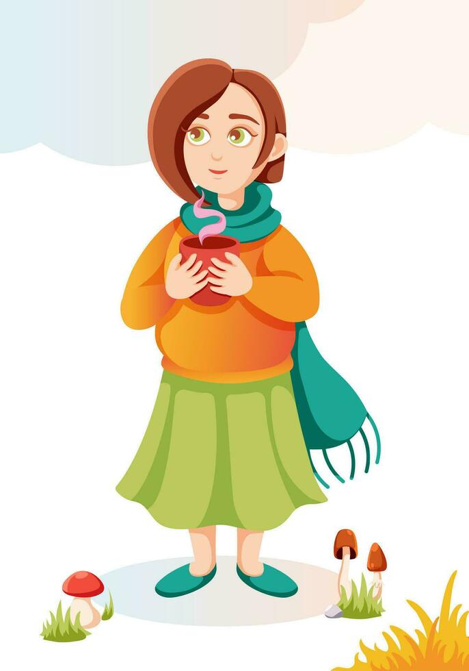 Girl with cup of tea. Cozy Autumn illustration. Flat vector illustration for postcard, banner, tea packaging. Cartoon style.