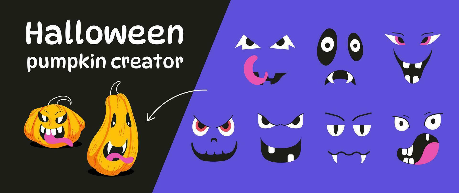 Halloween set. Create your own poke design. Designer of the symbol of an orange pumpkin with various eyes, nose and smile. Vector illustration. Set for design your stickers, party invitations.