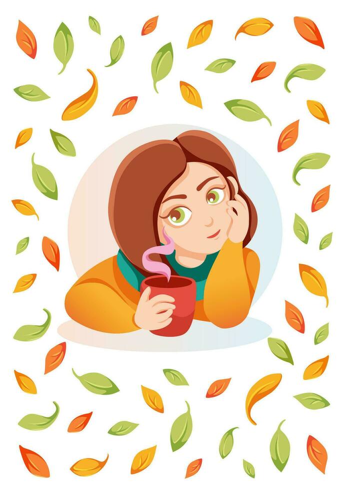 niña con un taza de té. acogedor otoño ilustración. plano vector ilustración para tarjeta postal, bandera, té embalaje. dibujos animados estilo.