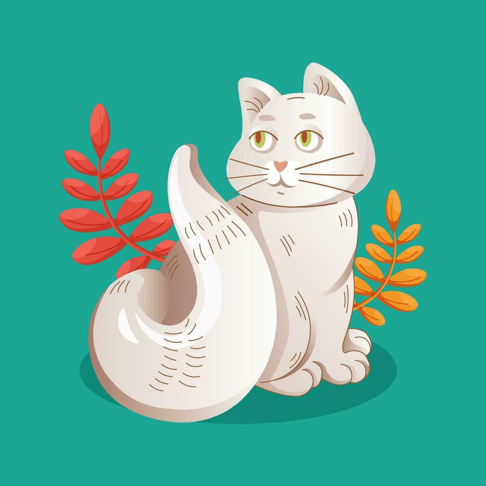 Cute Autumn cat with leaves. Vector flat illustration for postcards, poster, web. Autumn concept.