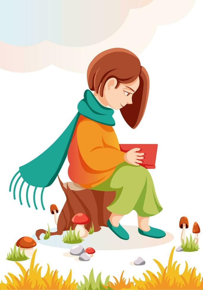 niña es sentado y leyendo libro. acogedor otoño ilustración. plano vector ilustración para tarjeta postal, bandera. dibujos animados estilo.