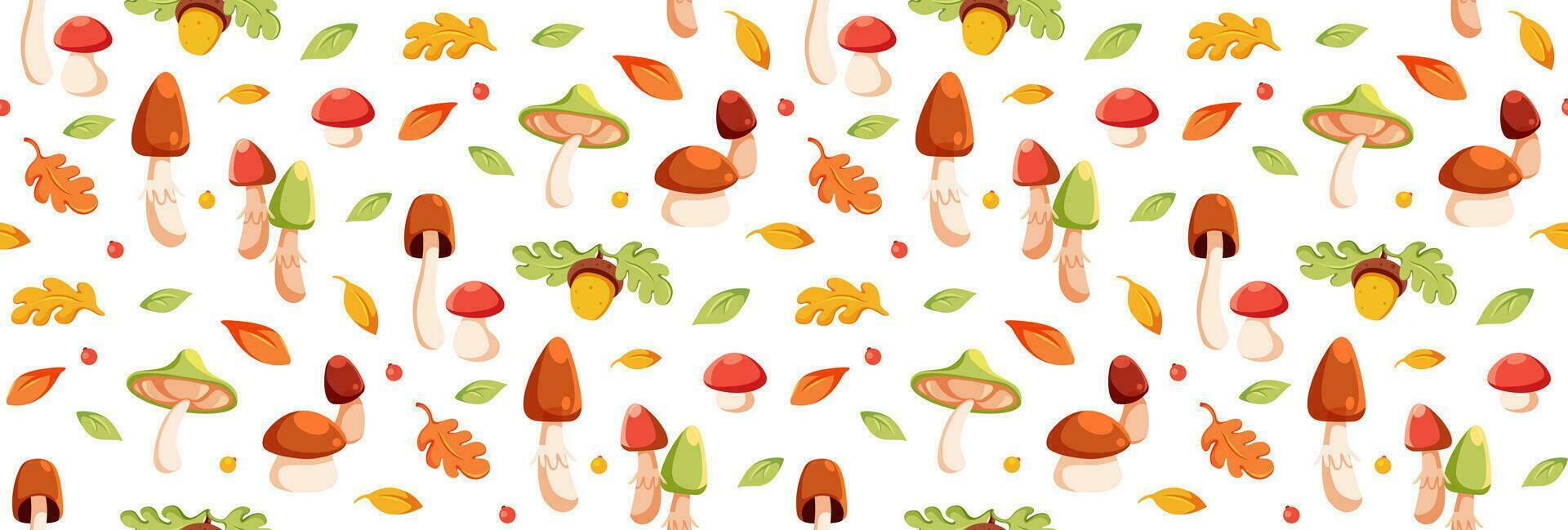 Autumn seamless Pattern. Autumn falling leaves and mushrooms. Vector flat illustration. Pattern for background, printing on wrapping paper, wallpaper or fabric.