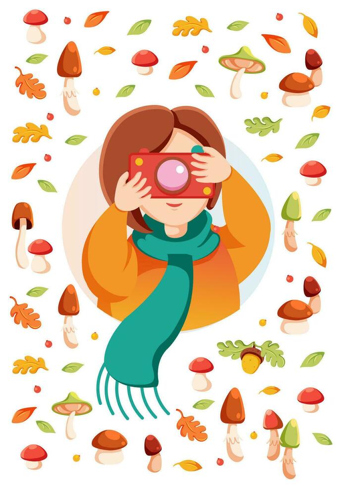 Girl takes pictures. Cozy Autumn illustration. Flat vector illustration for postcard, banner. Cartoon style.