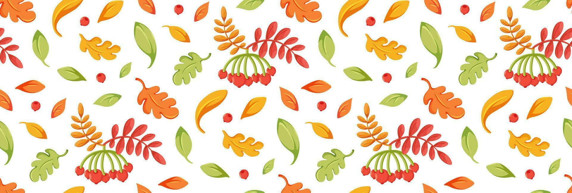 Autumn seamless Pattern. Autumn falling leaves and ashberry. Vector flat illustration. Pattern for background, printing on wrapping paper, wallpaper or fabric.