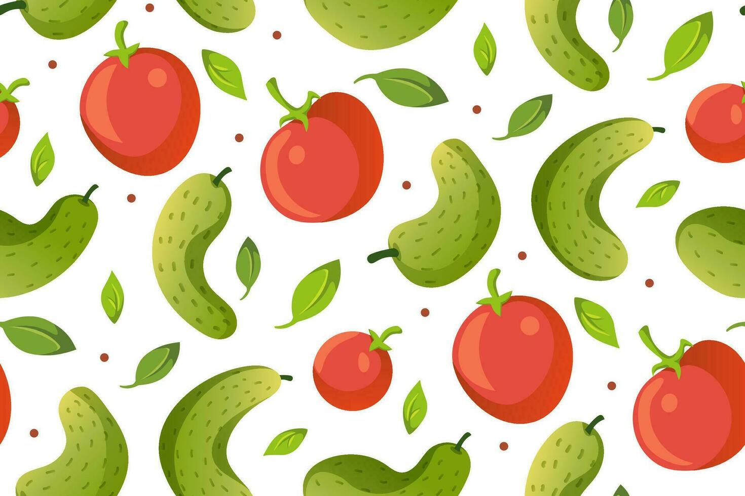Harvest seamless Pattern. Cucumbers and tomato vector flat illustration. Pattern for background, printing on wrapping paper, wallpaper or fabric.