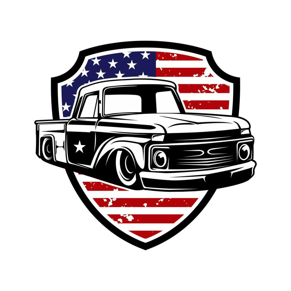 Monochrome illustration of classic retro style truck with flag. Isolated on white. vector