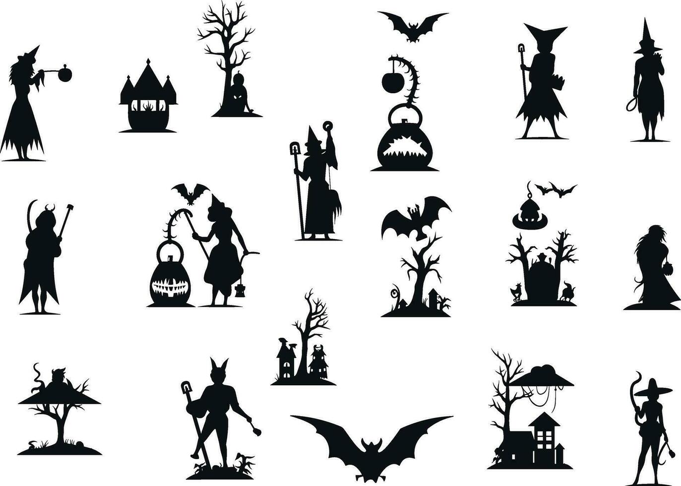 Set of halloween silhouettes black icon and character vector