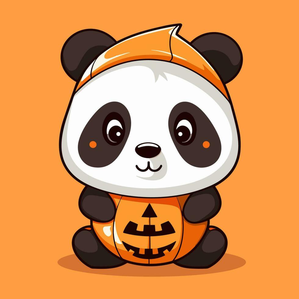 a cute panda wearing halloween pumpkin clothe vector