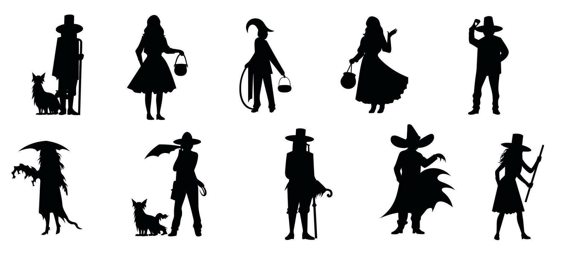 Set of halloween silhouettes black character vector