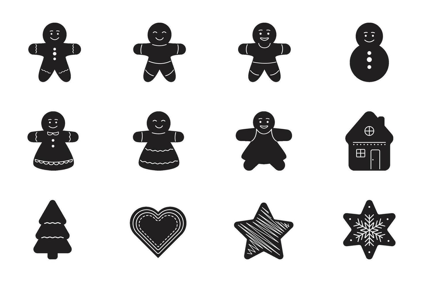 Black Christmas gingerbread cookies set. winter sweet homemade biscuits in the form of different characters vector