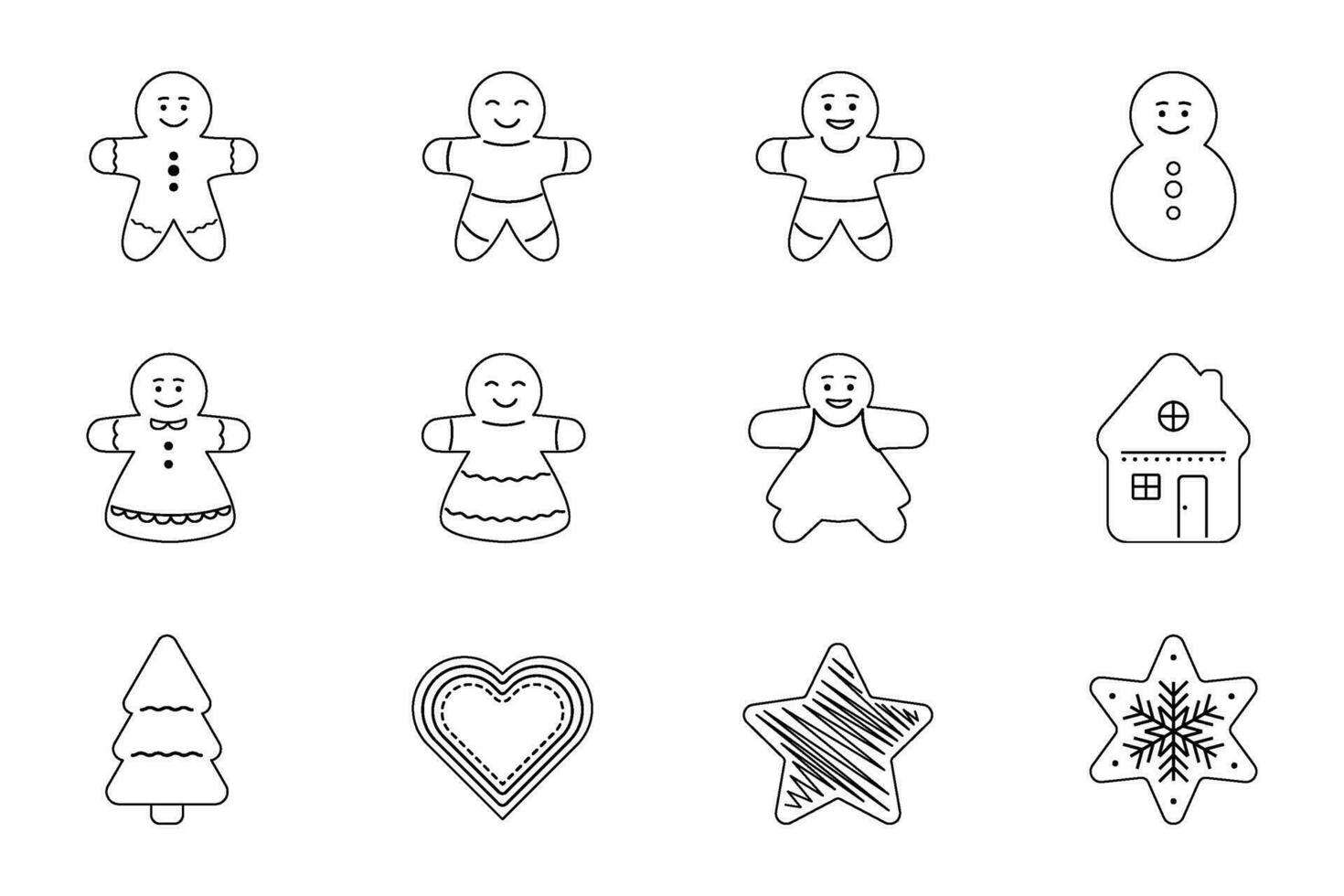 Line art Christmas gingerbread cookies set. winter sweet homemade biscuits in the form of different characters vector