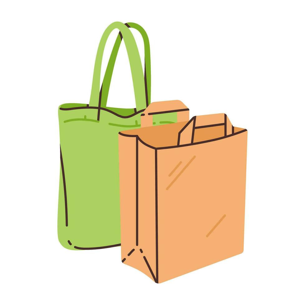 composición desde un Respetuoso del medio ambiente bolso y un papel bolsa. cero desperdicio compras. sustentabilidad a hogar vector