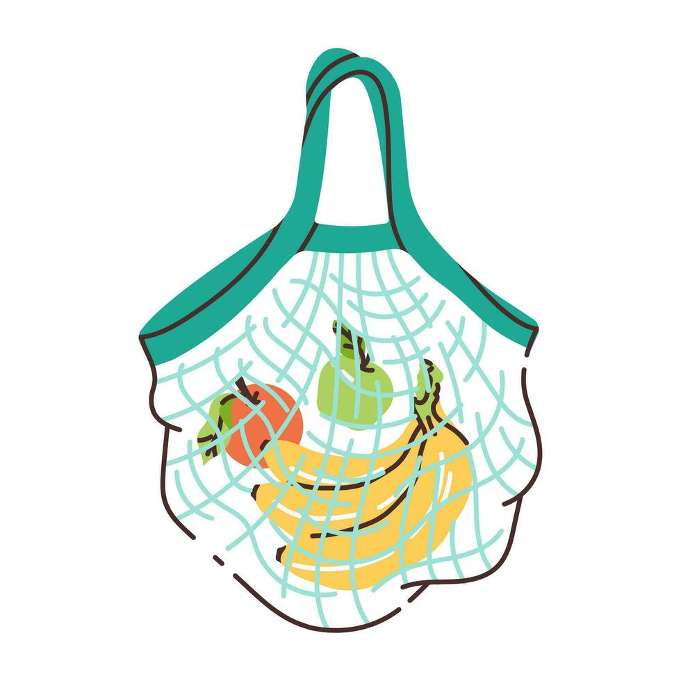 un cuerda bolso con frutas manzana, plátano y naranja. cero desperdicio compras. sustentabilidad a hogar. vector