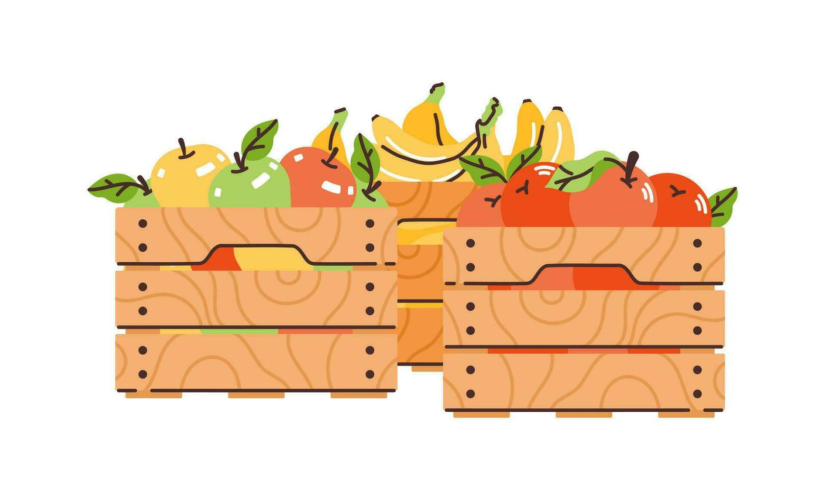 de madera cajas con manzanas, naranjas y plátanos cero desperdicio compras. vector