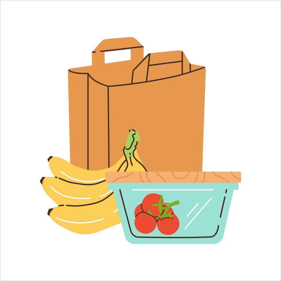 Shopping at the store. Paper bag, glass container with cherry tomatoes and bananas. Zero-waste shopping. Sustainability at home vector