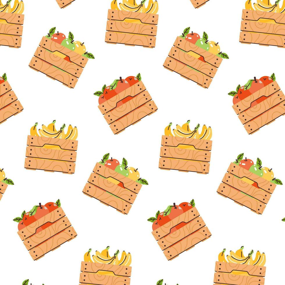 Pattern background with wooden boxes with apples, oranges and bananas. Zero-waste shopping. Flat modern vector illustration.