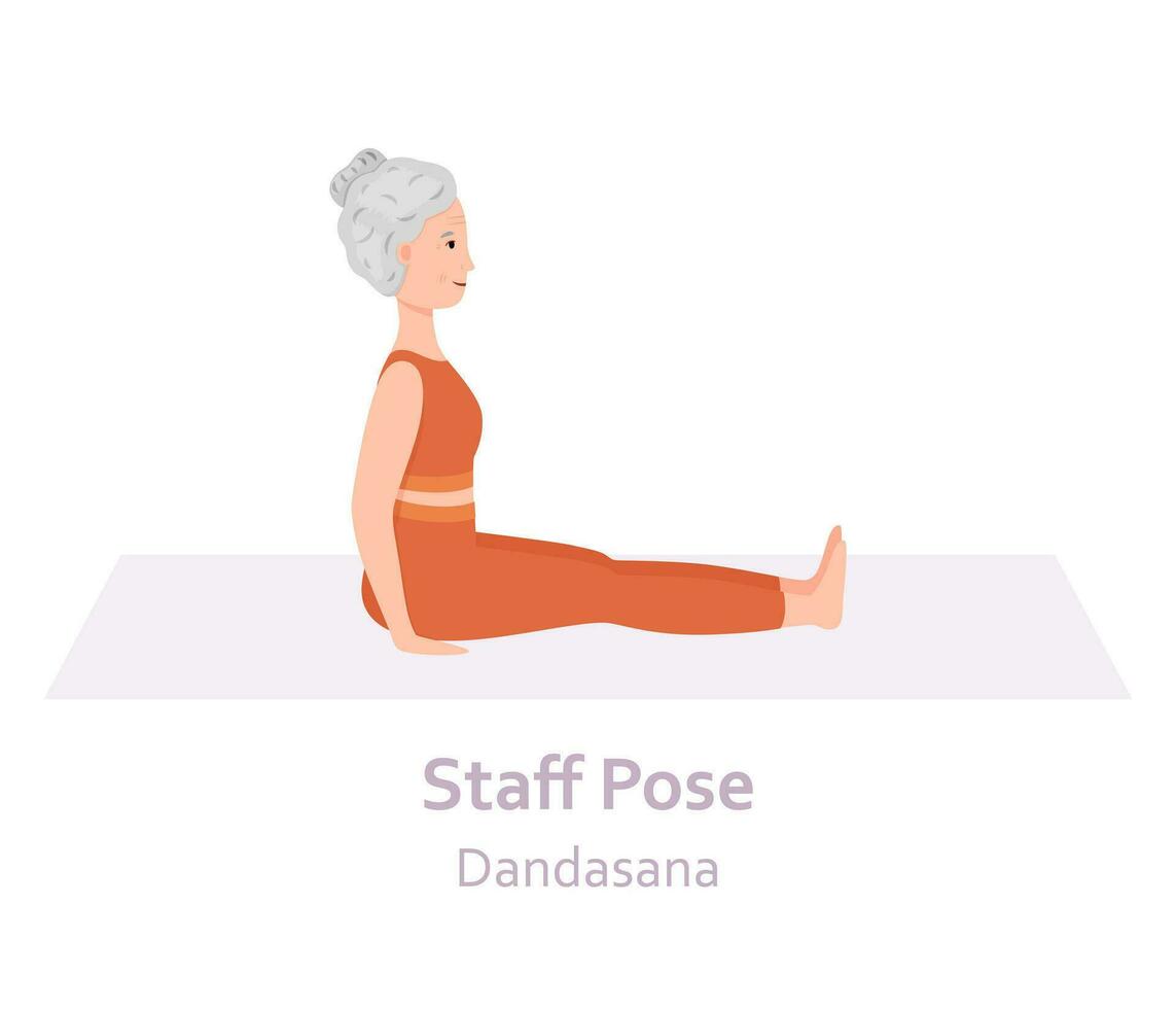 Staff Yoga pose. Dandasana. Elderly woman practicing yoga asana. Healthy lifestyle. Flat cartoon character. Vector illustration