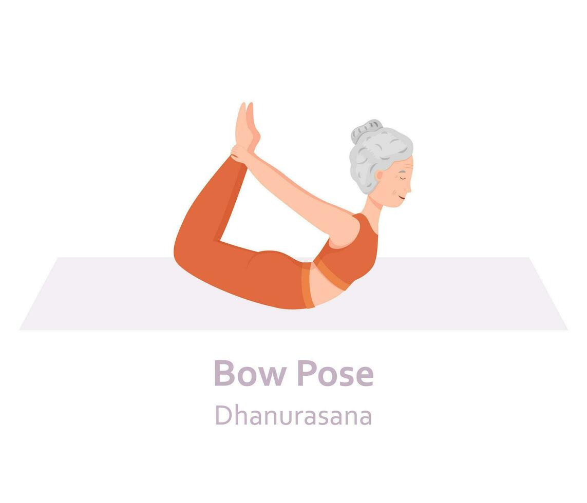 Bow Yoga pose. Dhanurasana. Elderly woman practicing yoga asana. Healthy lifestyle. Flat cartoon character. Vector illustration