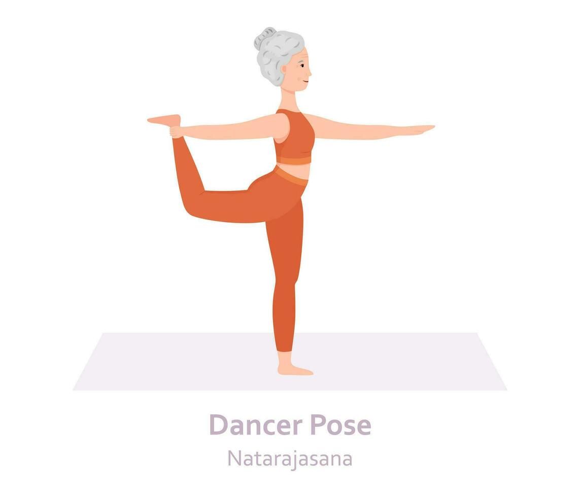 Dancer Yoga pose. Natarajasana. Elderly woman practicing yoga asana. Healthy lifestyle. Flat cartoon character. Vector illustration